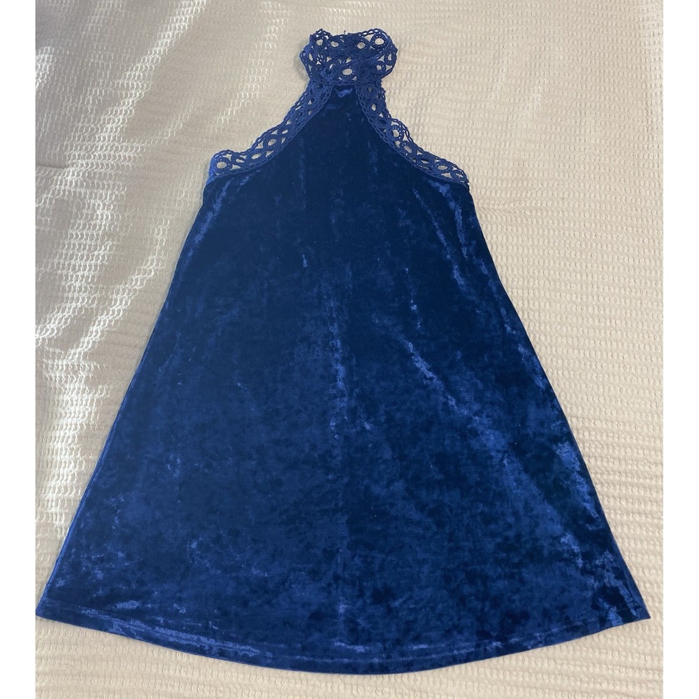 Essue Royal Blue Velvet Dress Chocker Lace Collard Size Small Sleeveless